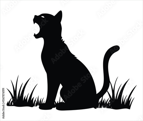A black silhouette of a cat sitting and yawning widely with its mouth open surrounded by blades of grass on a white background