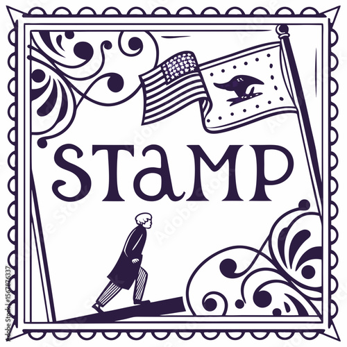 Vintage stamp with American flag and walking figure