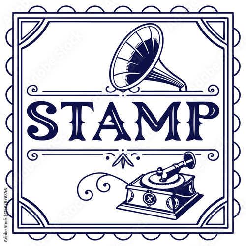 Vintage stamp with gramophone and record player antique