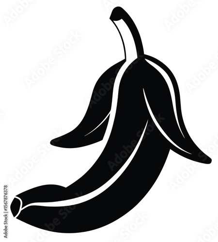 Stylized silhouette of a peeled banana with its skin partially open isolated on a clean white background, representing simple food concepts