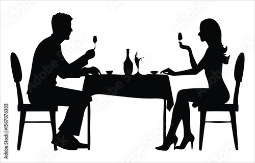 Silhouette of a couple enjoying a romantic dinner at a table with wine glasses and a bottle symbolizing a date or special occasion. Ideal for use in food service branding, dining-related infographics,