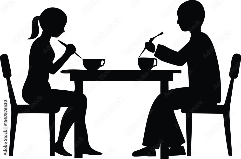 Silhouette of two people sitting at a table eating from bowls: Ideal for use in food service branding, dining-related infographics, restaurant websites, menu designs, hospitality marketing materials Silhouette of two people sitting at a table eating from bowls: Ideal for use in food service branding, dining-related infographics, restaurant websites, menu designs, hospitality marketing materials