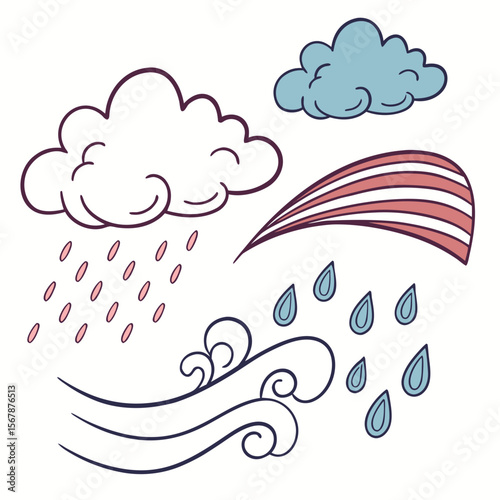 Weather elements with clouds rain and wind storm