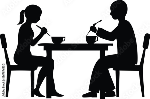 Silhouette of two people sitting at a table eating from bowls: Ideal for use in food service branding, dining-related infographics, restaurant websites, menu designs, hospitality marketing materials
