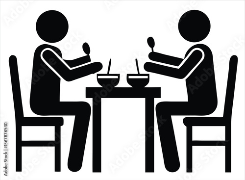 Silhouette of two people sitting at a table eating from bowls with spoons: Ideal for use in food service branding, dining-related infographics, restaurant websites, menu designs, hospitality marketing