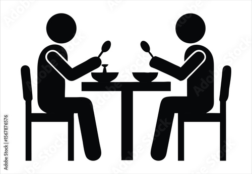 Silhouette of two people sitting at a table eating soup with spoons in a minimalist black and white icon-style illustration representing dining together or a mealtime scene. Ideal for use in food ad. 