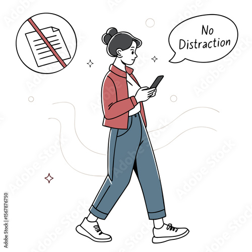 Woman focused on phone with no distractions walking