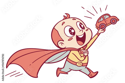Vector cute Baby Boy cartoon character, with sparkling eyes and an excited expression, wearing a superhero cape and holding a toy car, in a dynamic, playful style, isolated on white background