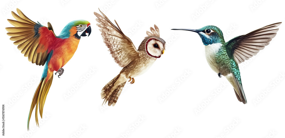 Naklejka premium Set of different bird species in flight. Each element is separately isolated