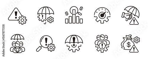 risk management control icon line set business financial risk analysis safety warning alert strategy signs vector outline  assessment gear setting symbol illustration