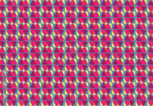 Geometric ethnic pattern oriental design on dark midnight navy background. Traditional geometry abstract with pink, white, yellow, green color for wallpaper handcraft, carpet, clothing, fabric design.