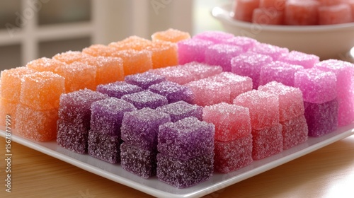 Candy Cubes on Display: A colorful assortment of perfectly cubed candies, each a vibrant jewel of flavor, arranged meticulously on a clean plate, tempting taste buds with their sugared allure.