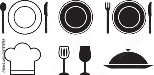 Elegant Dining Icons Representing Culinary Arts Restaurant Setting Food Preparation and Fine Service in Minimalist Black and White Design