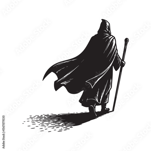 Black and White Illustration of Hooded Figure Walking Away Staff Long Cloak Shadow Ground vector