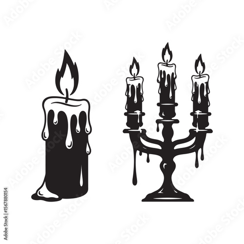 Black and White Illustration of Single Candle and Three Candle Candelabra with Dripping Wax