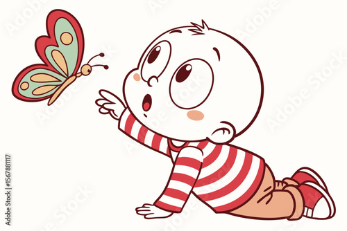 Vector cute Baby Boy cartoon character, with wide, wondering eyes and a small open mouth, wearing a red and white striped shirt and reaching for a colorful butterfly, in a gentle, curious style, isola