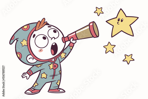 Vector cute Baby Boy cartoon character, with wide, amazed eyes and an open mouth, wearing a space-themed pajamas and looking up at a twinkling star, in a wondrous, imaginative style, isolated on white