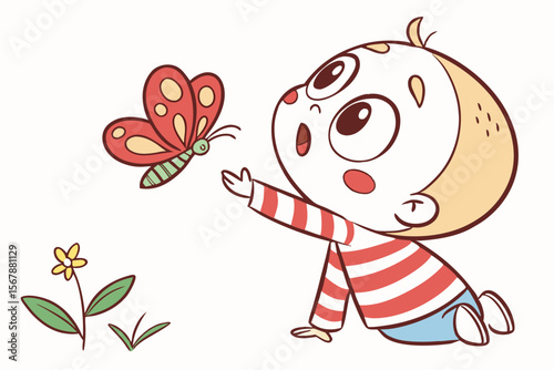 Vector cute Baby Boy cartoon character, with wide, wondering eyes and a small open mouth, wearing a red and white striped shirt and reaching for a colorful butterfly, in a gentle, curious style, isola