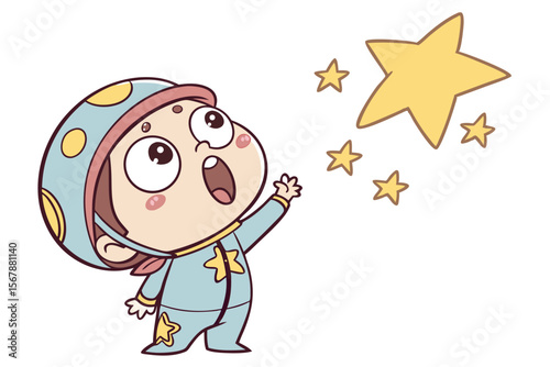 Vector cute Baby Boy cartoon character, with wide, amazed eyes and an open mouth, wearing a space-themed pajamas and looking up at a twinkling star, in a wondrous, imaginative style, isolated on white