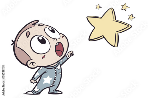 Vector cute Baby Boy cartoon character, with wide, amazed eyes and an open mouth, wearing a space-themed pajamas and looking up at a twinkling star, in a wondrous, imaginative style, isolated on white