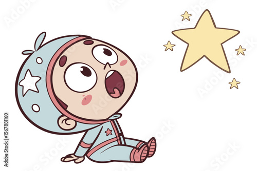 Vector cute Baby Boy cartoon character, with wide, amazed eyes and an open mouth, wearing a space-themed pajamas and looking up at a twinkling star, in a wondrous, imaginative style, isolated on white