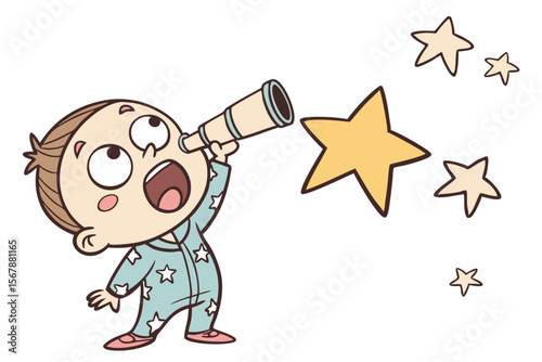 Vector cute Baby Boy cartoon character, with wide, amazed eyes and an open mouth, wearing a space-themed pajamas and looking up at a twinkling star, in a wondrous, imaginative style, isolated on white