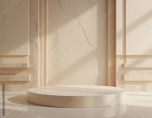 Minimal cream podium with marble wall and sunlight shadows in classic interior, elegant neutral tone background for product display in soft architectural setting