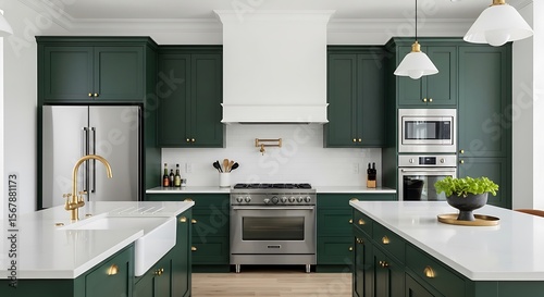 Elegant Emerald Green Kitchen Design with White Accents and Gold Hardware