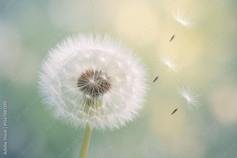 Fototapeta premium Close-up of a whimsical dandelion with a natural backdrop, vertical orientation, featuring delicate seeds in flight and space for text