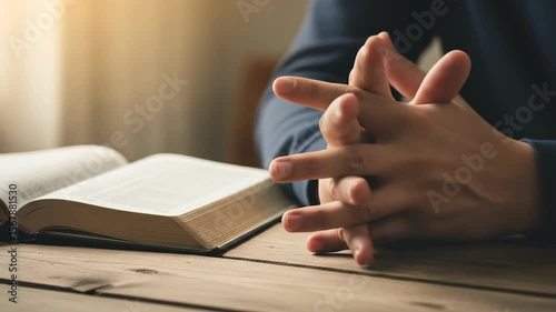Praying Hands with Open Bible on Wooden Table: Faith and Reflection