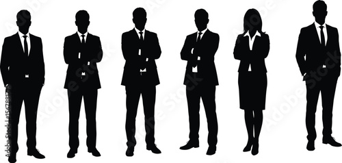 Silhouette of business professionals team, corporate group in formal attire, standing confident, teamwork concept, leadership success in workplace