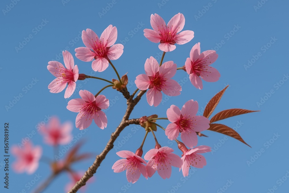 Obraz premium Close-up of Himalayan Cherry Blossom with pink petals against a winter sky in a mountainous region