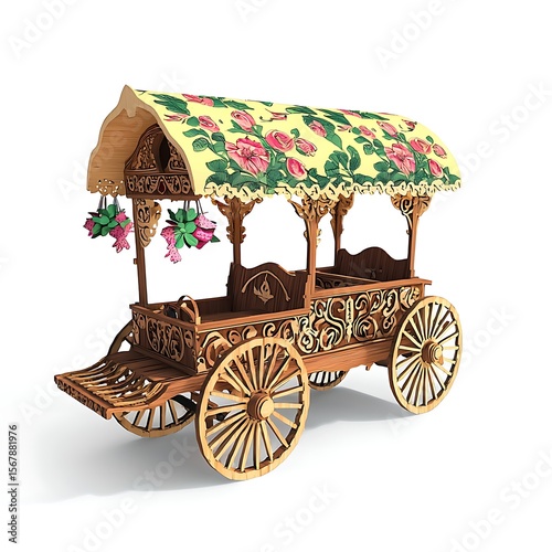 Ornate wooden cart with floral canopy