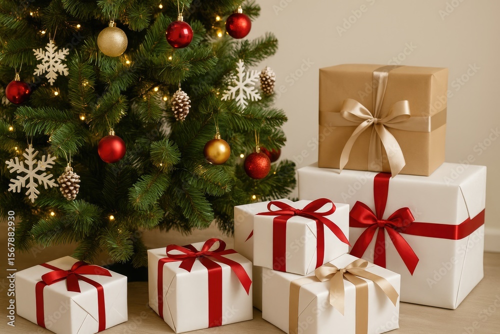 Fototapeta premium Festive holiday scene featuring a decorated pine and wrapped presents