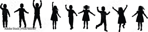 Silhouette of happy children jumping, playing and dancing, group of boys and girls, kids fun activity, black vector illustration