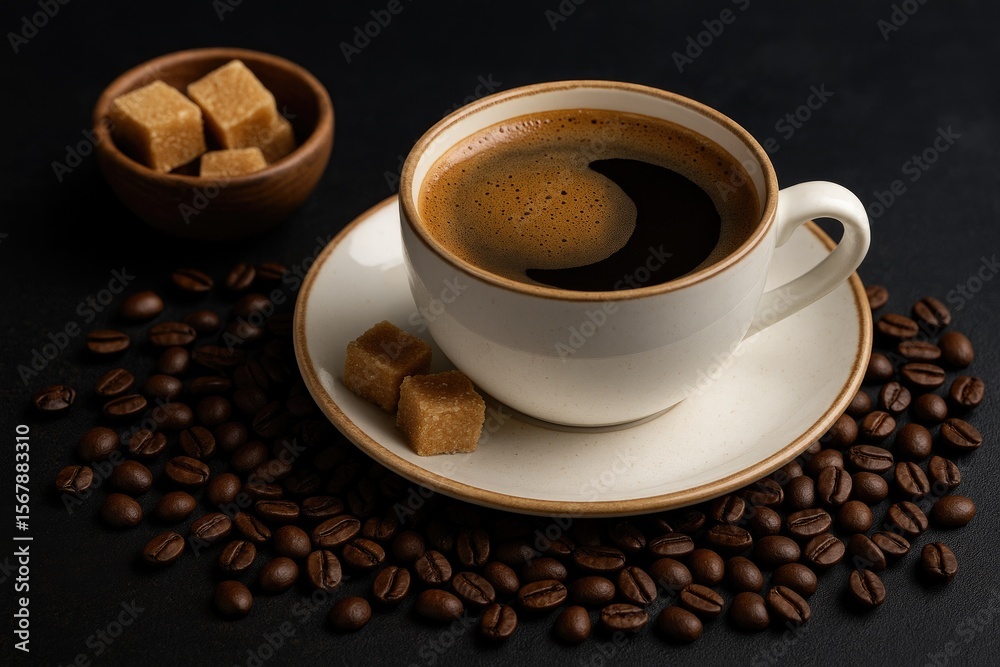 Fototapeta premium Coffee cup with brown sugar and roasted beans on a dark background, close-up shot