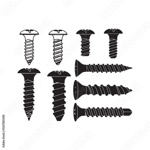 Black and White Illustration of Various Wood Screws Showing Different Views and Sizes Including Phillips Head and Flat Head Screw Types