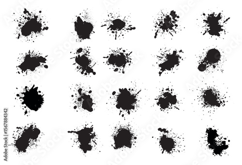 Ink drops and splashes. Blotter spots, liquid paint drip drop splash and ink splatter. Artistic dirty grunge abstract spot vector set. Illustration monochrome drip splash, splat messy inkblot