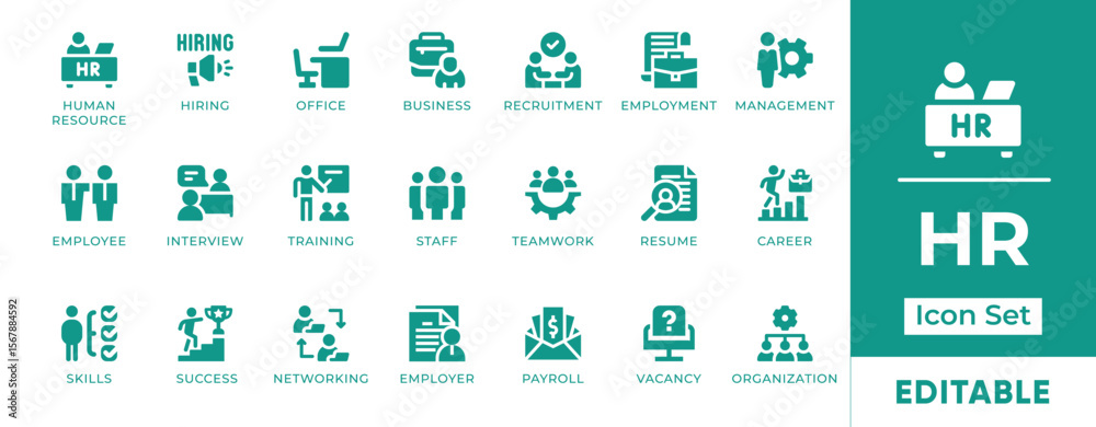 Obraz premium HR Icon Set. Features icons of recruitment, employee management, interviews, resumes, onboarding, and training. Perfect for HR apps, portals, and business tools.
