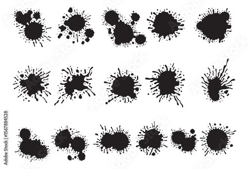 Ink drops and splashes. Blotter spots, liquid paint drip drop splash and ink splatter. Artistic dirty grunge abstract spot vector set. Illustration monochrome drip splash, splat messy inkblot
