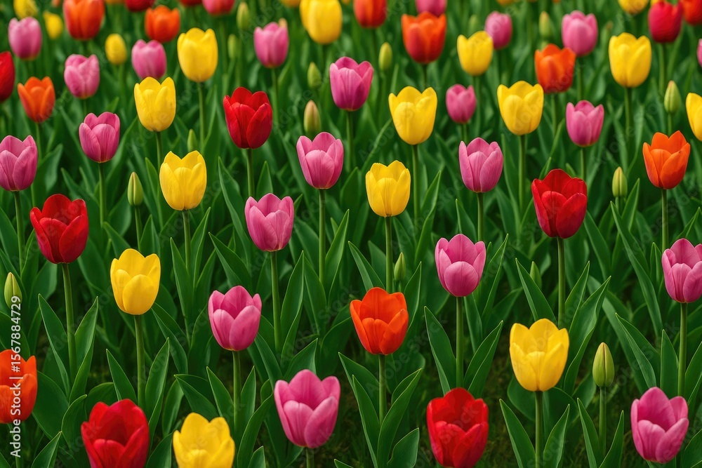 Vibrant tulip blossoms flourishing in a floral garden Vibrant tulip blossoms flourishing in a floral garden