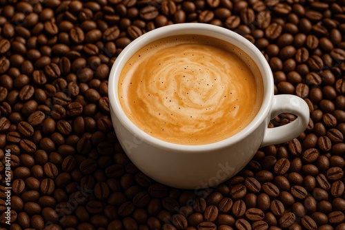 A steaming cup of coffee topped with cream alongside scattered coffee beans