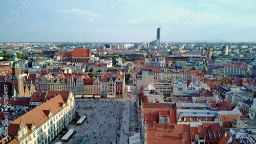 Wroclaw city center, general landscape with market square and tallest building Sky Tower.