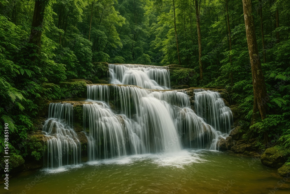 Detailed view of a waterfall amidst lush greenery Detailed view of a waterfall amidst lush greenery