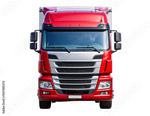  Modern Red European Freight Truck Front View with Chrome Details, isolated on transparent background PNG