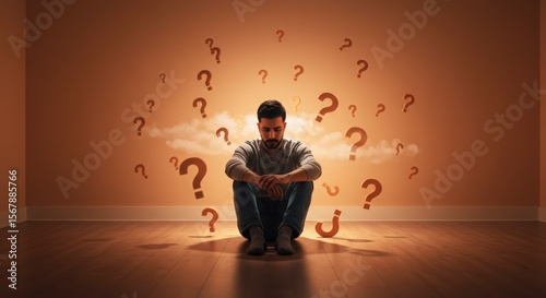 a person sitting on the floor surrounded by floating question marks in a soft peach-toned room, symbolizing internal conflict and indecision