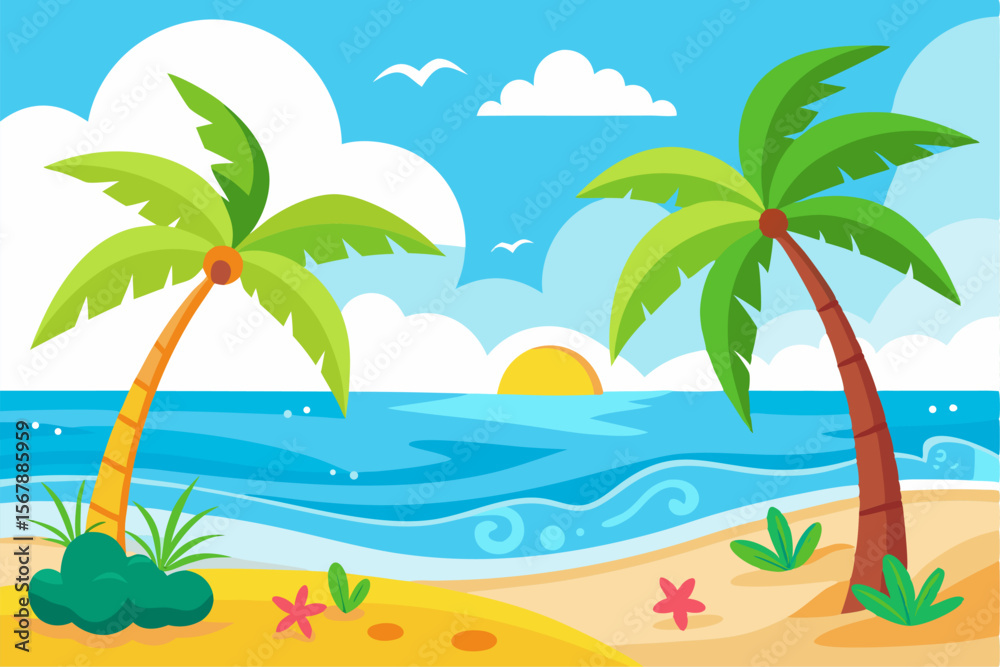 Obraz premium Tropical Beach Sunset with Palm Trees and Ocean Waves