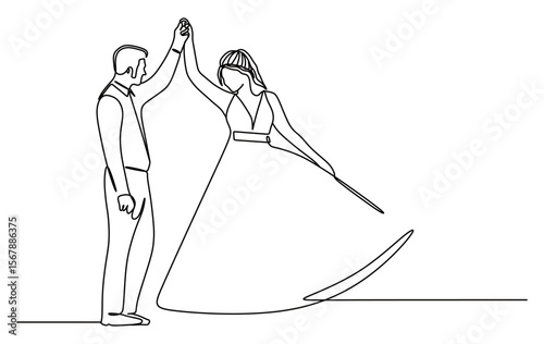 continuous line art of a pair of man and woman in wedding dress and suit performing a wedding with curved lines forming a heart. Wedding concept. this icon is for invitation cards and wall decorations