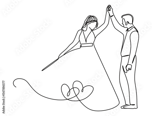 continuous line art of a pair of man and woman in wedding dress and suit performing a wedding with curved lines forming a heart. Wedding concept. this icon is for invitation cards and wall decorations