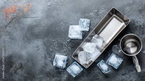 Mini Nugget Ice Maker style. Ice cubes scattered on a textured surface with a metal tray and cup.